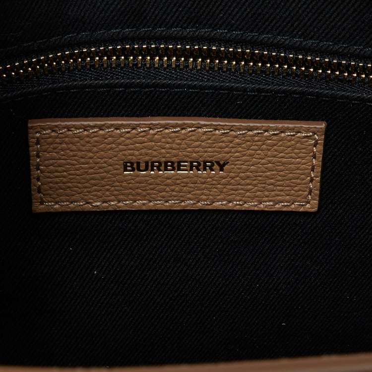 Pre Owned Burberry Beige Leather and House Check Fabric Small Banner Derby Tote