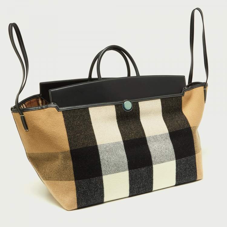 Pre Owned Burberry Black/Beige Check Wool and Leather XL Society Holdall Tote
