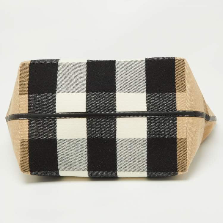 Pre Owned Burberry Black/Beige Check Wool and Leather XL Society Holdall Tote
