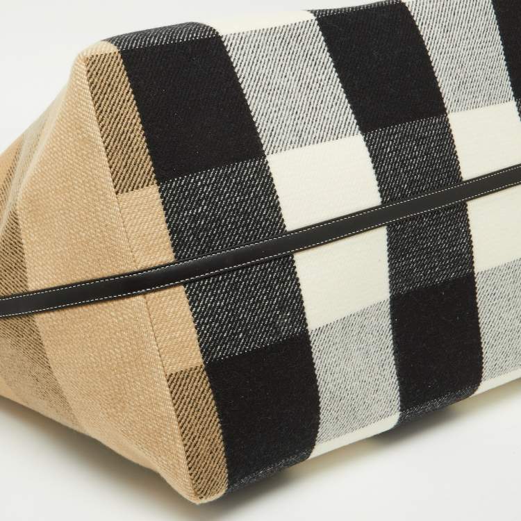 Pre Owned Burberry Black/Beige Check Wool and Leather XL Society Holdall Tote