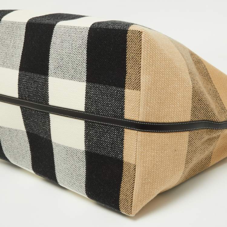 Pre Owned Burberry Black/Beige Check Wool and Leather XL Society Holdall Tote