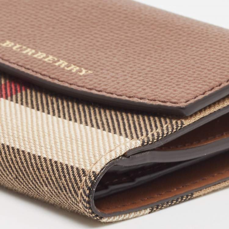Pre Owned Burberry Brown/Beige House Check Fabric and Leather Luna Compact Wallet