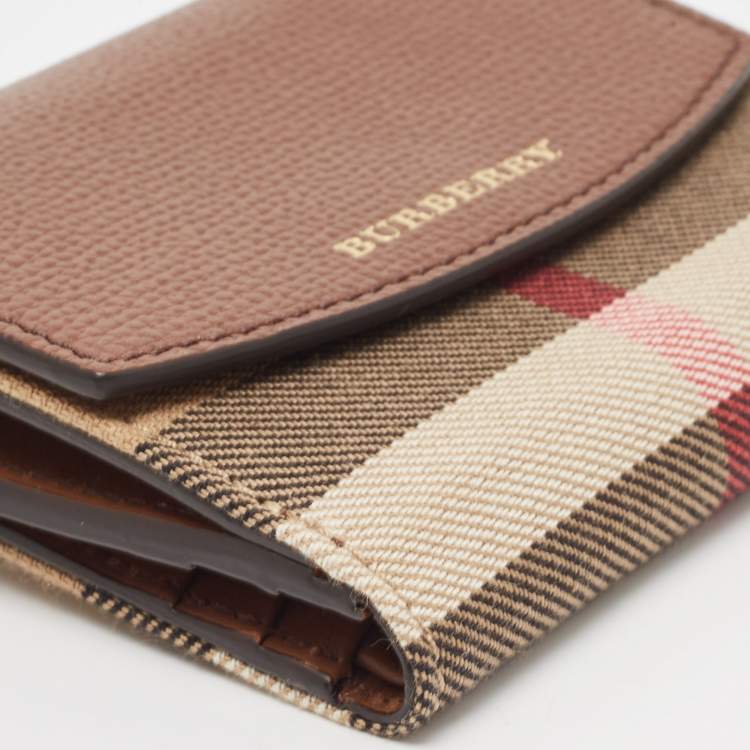 Pre Owned Burberry Brown/Beige House Check Fabric and Leather Luna Compact Wallet