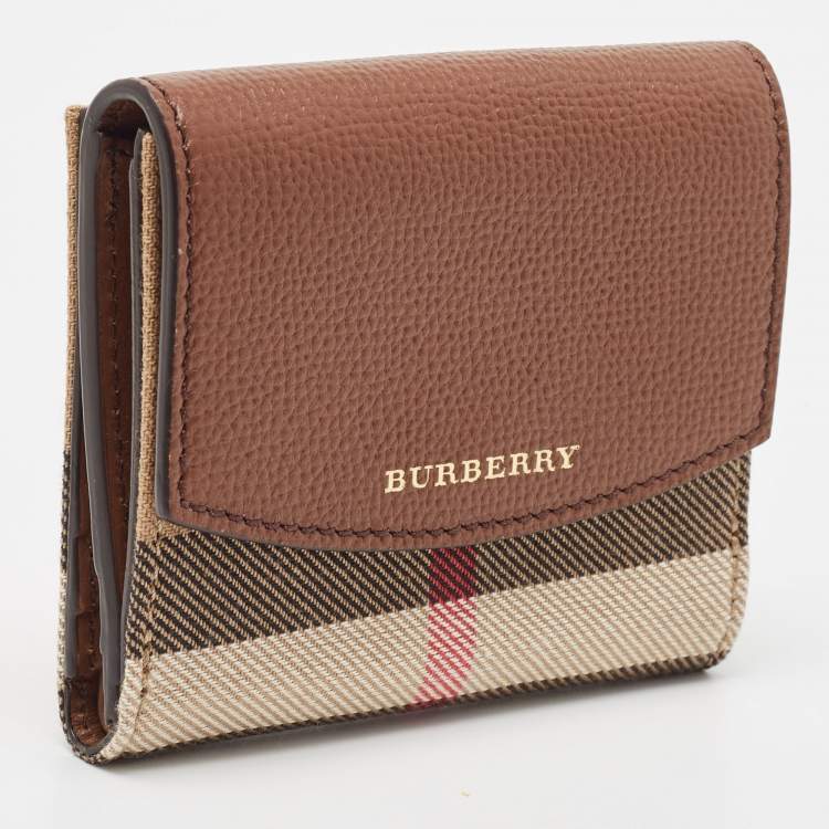 Pre Owned Burberry Brown/Beige House Check Fabric and Leather Luna Compact Wallet
