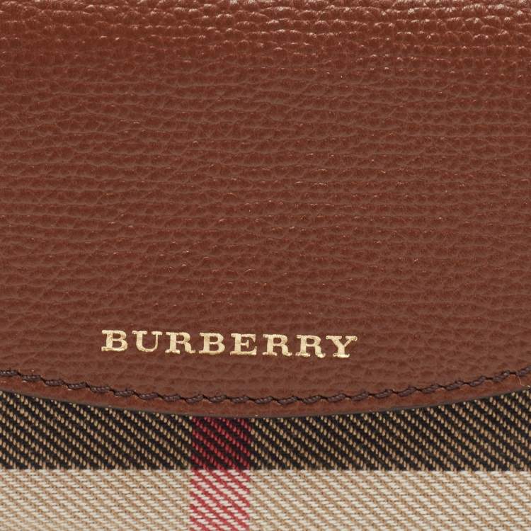 Pre Owned Burberry Brown/Beige House Check Fabric and Leather Luna Compact Wallet