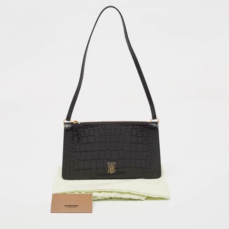 Pre Owned Burberry Black Croc Embossed Leather Shoulder Bag