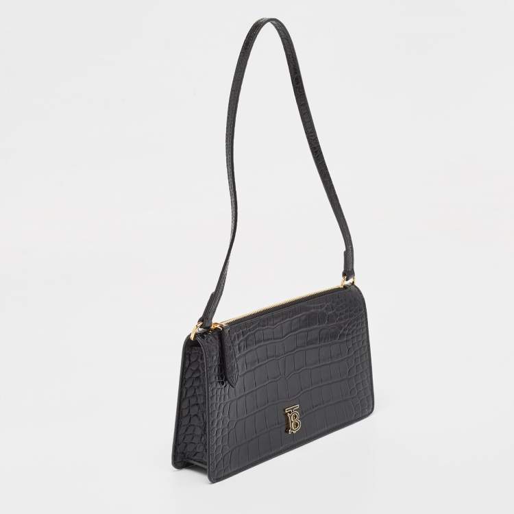 Pre Owned Burberry Black Croc Embossed Leather Shoulder Bag