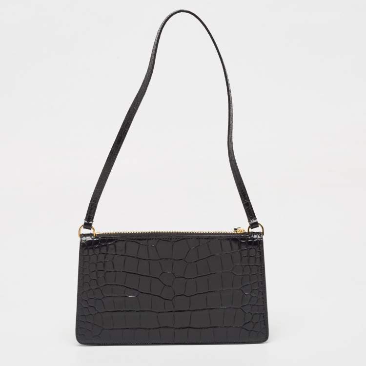 Pre Owned Burberry Black Croc Embossed Leather Shoulder Bag