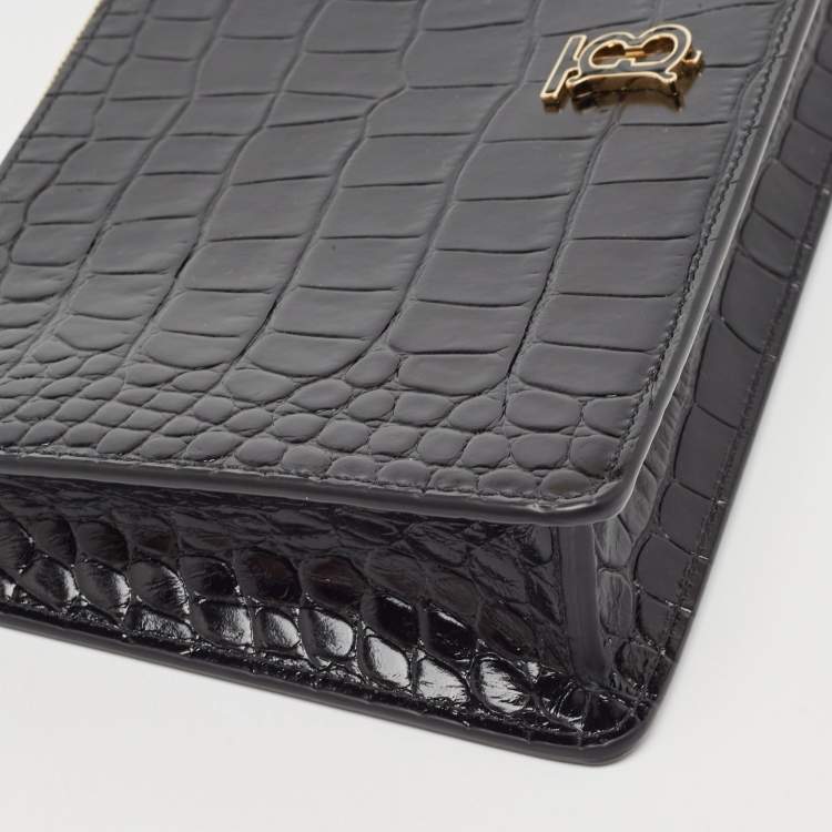 Pre Owned Burberry Black Croc Embossed Leather Shoulder Bag