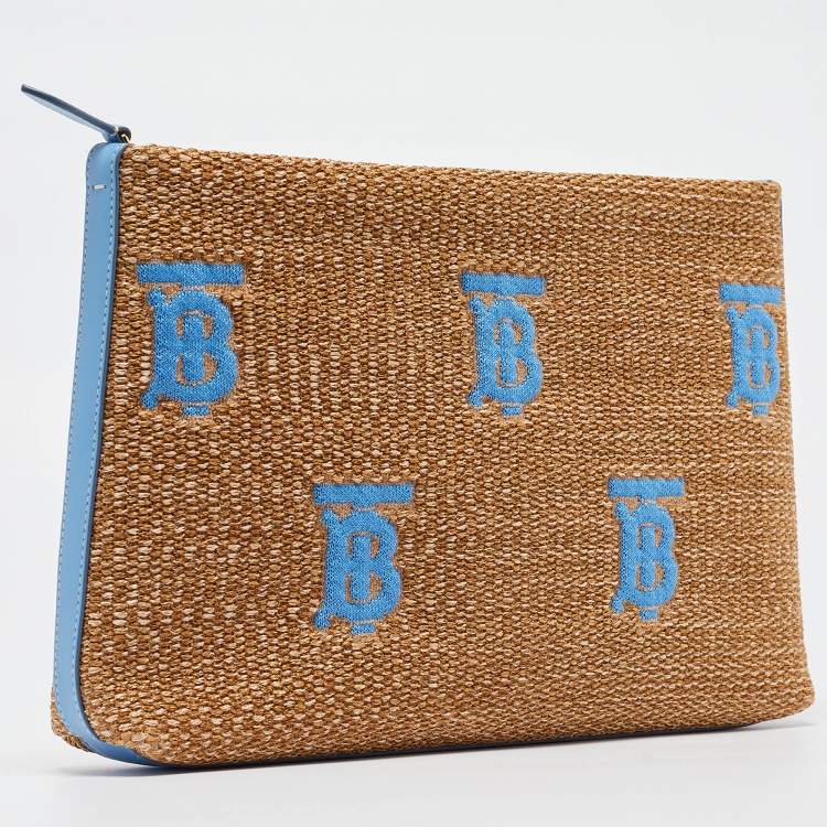 Pre Owned Burberry Beige/Blue Straw and Leather Duncan Clutch