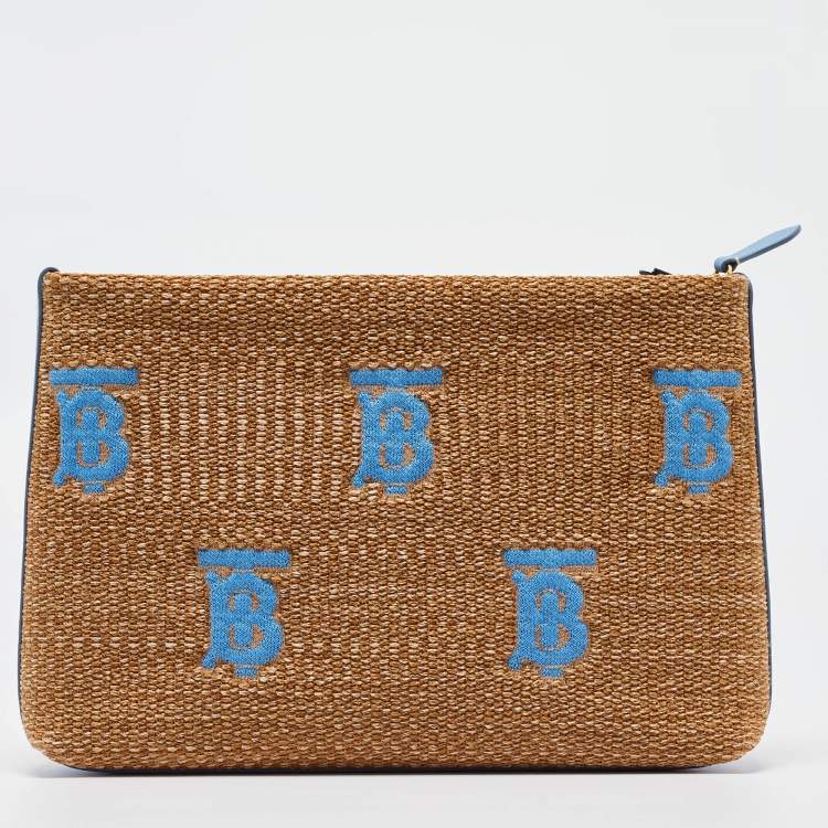 Pre Owned Burberry Beige/Blue Straw and Leather Duncan Clutch