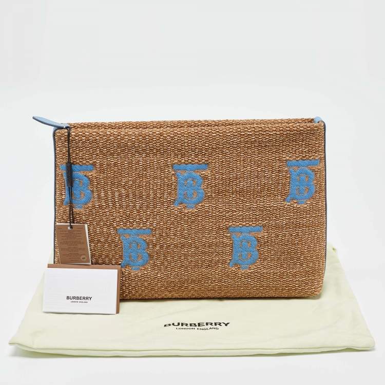 Pre Owned Burberry Beige/Blue Straw and Leather Duncan Clutch