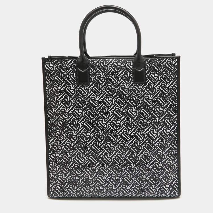 Pre Owned Burberry Black/White TB Logo Leather Vertical Danny Tote