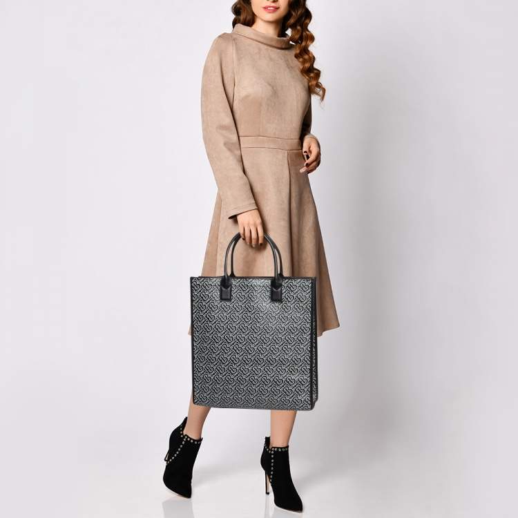 Pre Owned Burberry Black/White TB Logo Leather Vertical Danny Tote