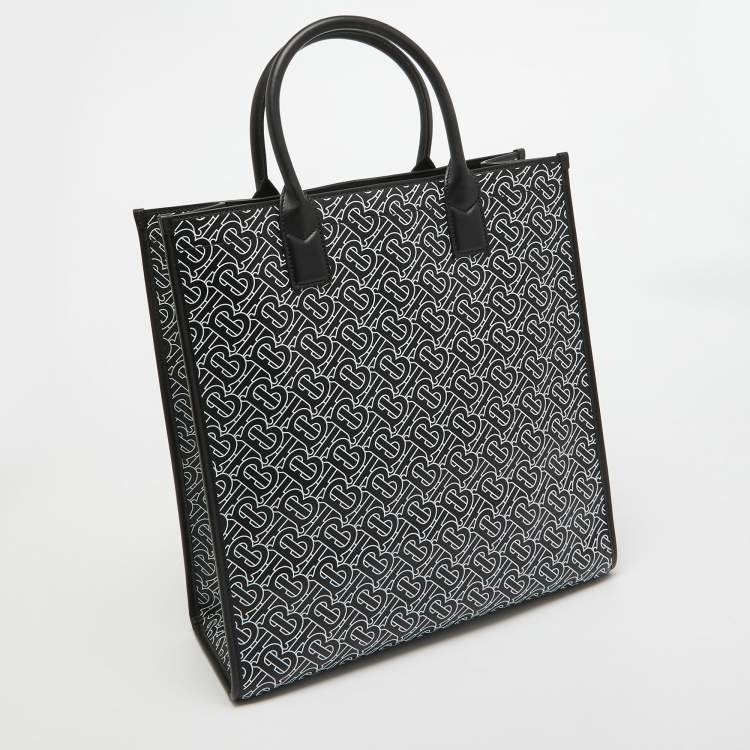 Pre Owned Burberry Black/White TB Logo Leather Vertical Danny Tote