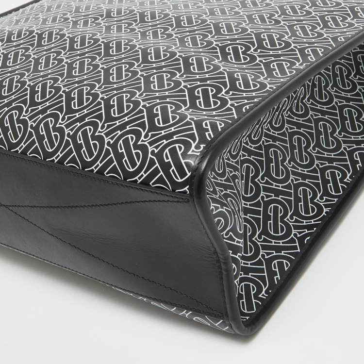 Pre Owned Burberry Black/White TB Logo Leather Vertical Danny Tote