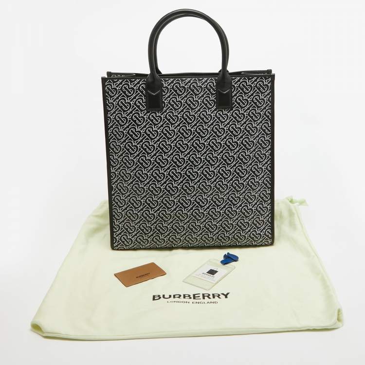 Pre Owned Burberry Black/White TB Logo Leather Vertical Danny Tote