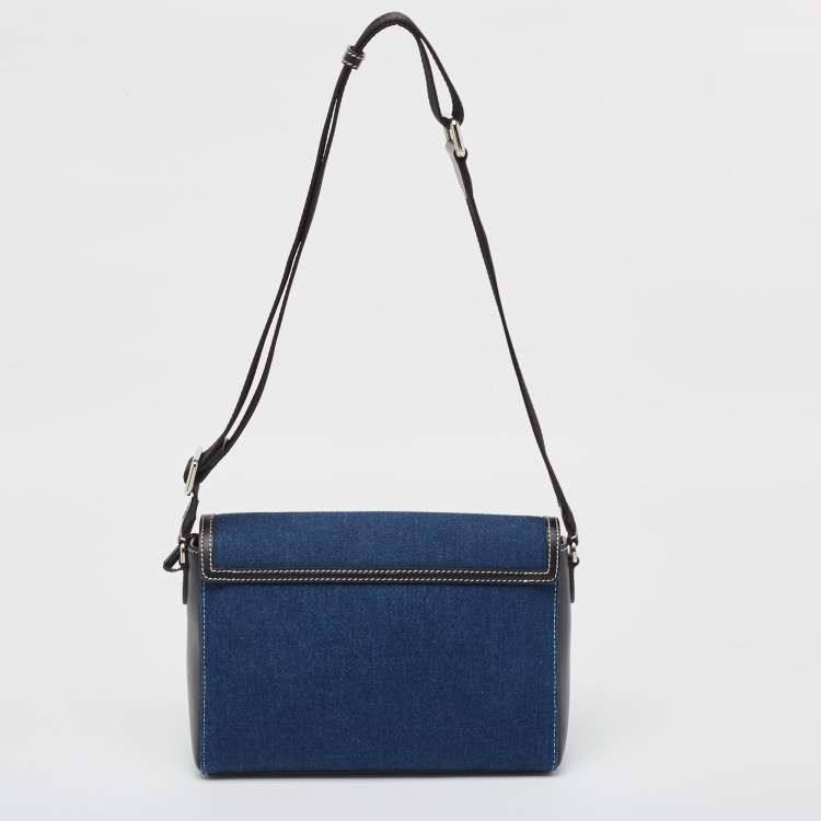 Pre Owned Burberry Blue/Black Denim and Leather Medium Note Shoulder Bag