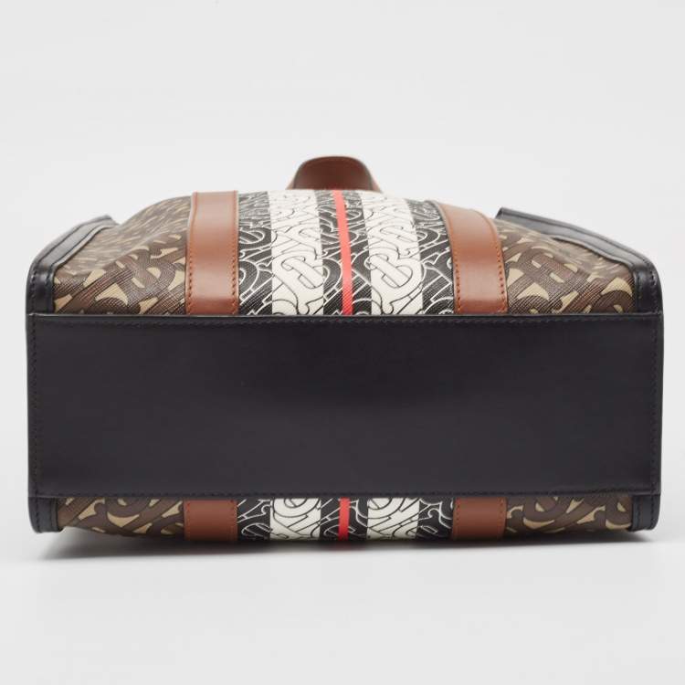 Pre Owned Burberry Black/Brown TB Monogram Coated Canvas and Leather Stripe Portrait Tote