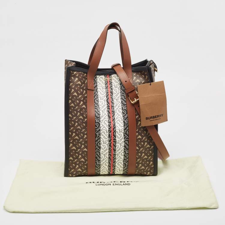 Pre Owned Burberry Black/Brown TB Monogram Coated Canvas and Leather Stripe Portrait Tote