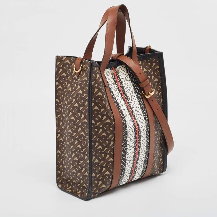 Pre Owned Burberry Black/Brown TB Monogram Coated Canvas and Leather Stripe Portrait Tote