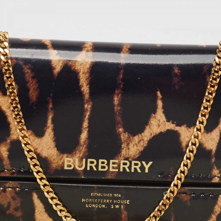 Pre Owned Burberry Black/Brown Leopard Print Leather Jody Chain Card Case