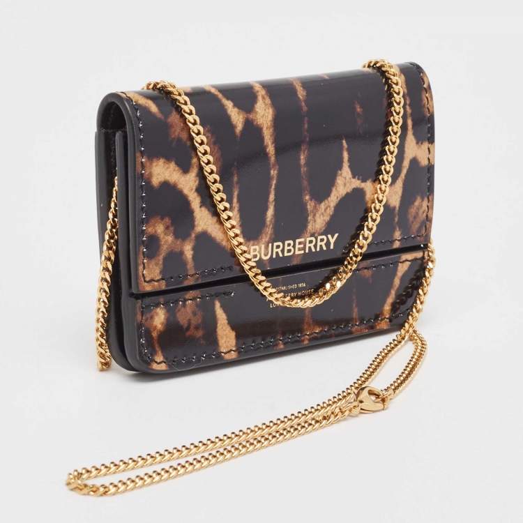 Pre Owned Burberry Black/Brown Leopard Print Leather Jody Chain Card Case
