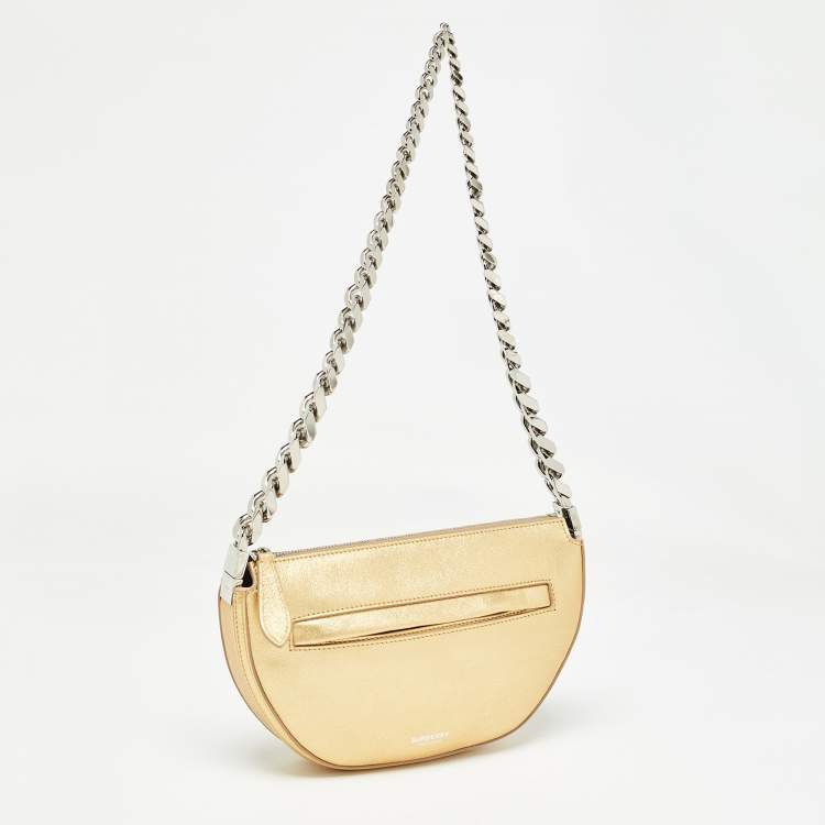 Pre Owned Burberry Gold Leather Mini Olympia Zip Chain Bag