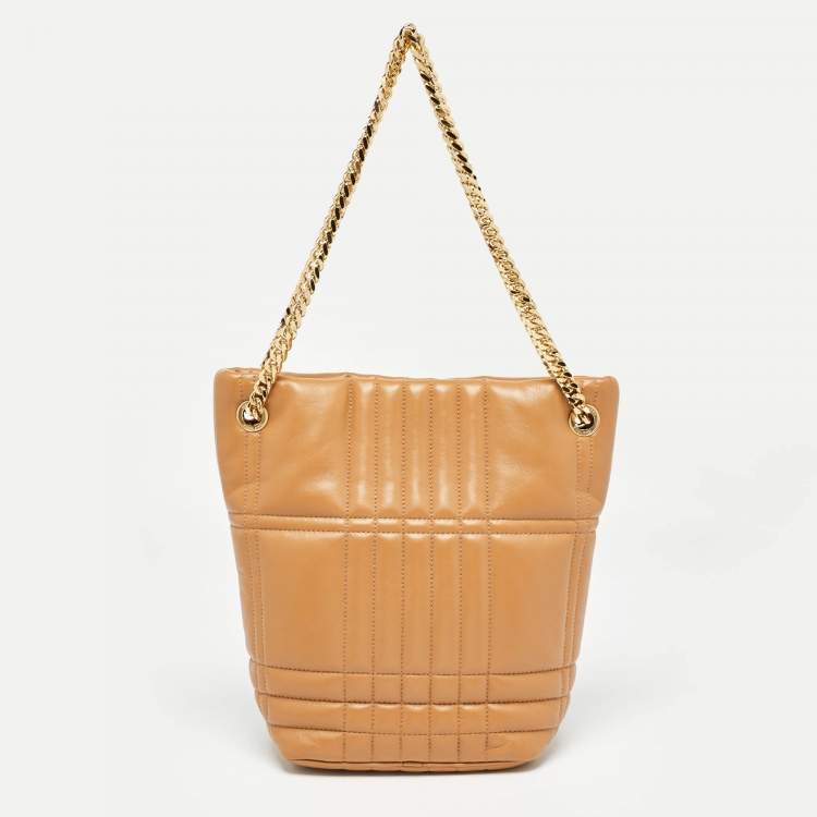 Pre Owned Burberry Marple Brown Embossed Check Leather Small Lola Bucket Bag