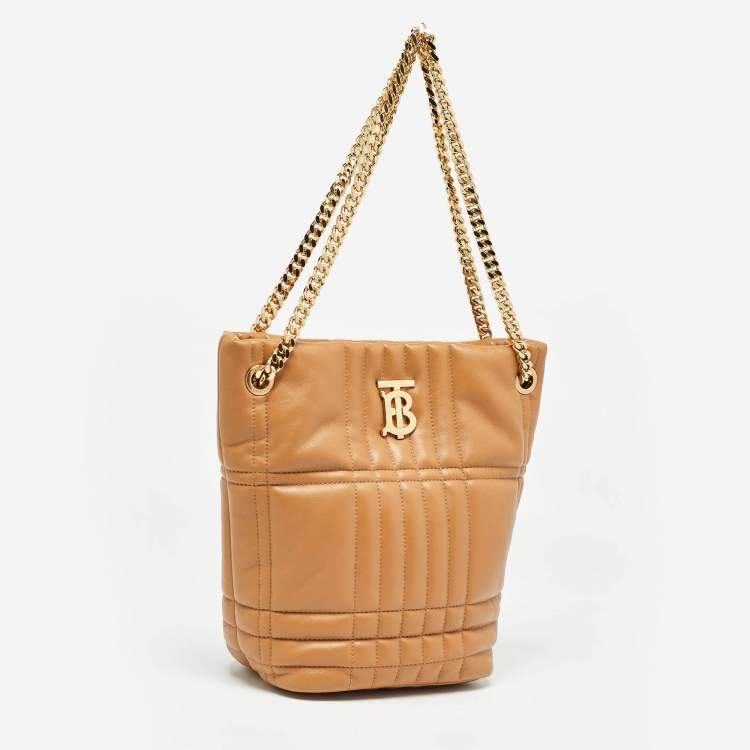 Pre Owned Burberry Marple Brown Embossed Check Leather Small Lola Bucket Bag