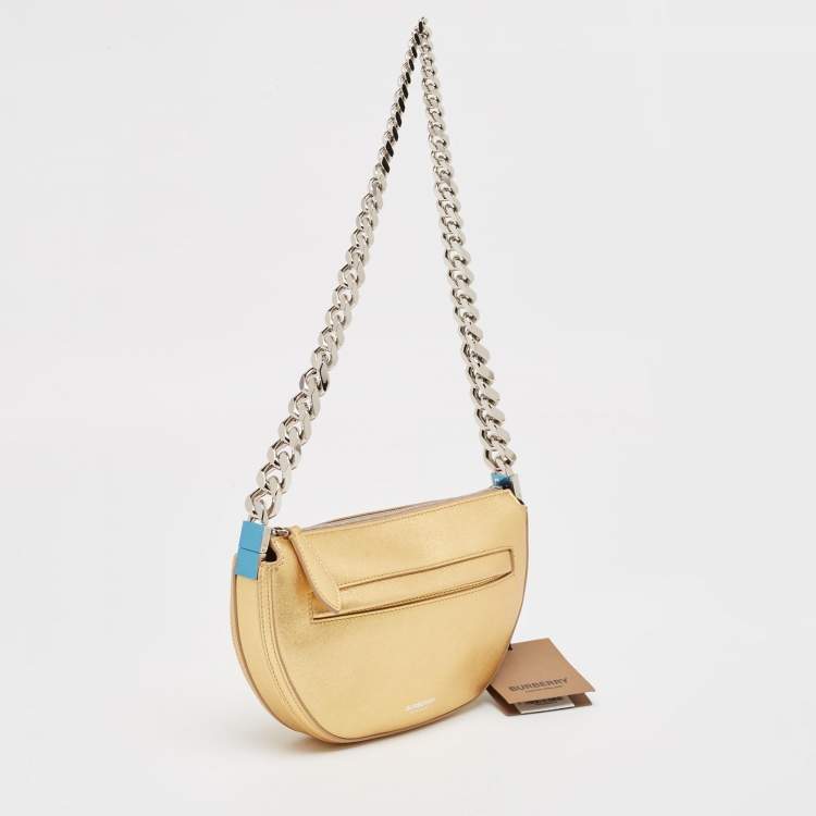 Pre Owned Burberry Gold Leather Mini Olympia Zip Chain Bag
