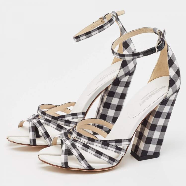 Pre Owned Burberry White/Black Canvas Hove Ankle Strap Sandals Size 36