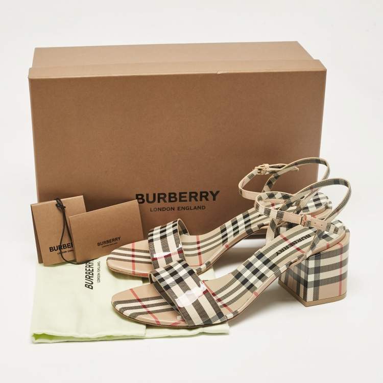 Pre Owned Burberry Beige Cornwall Check Patent Leather Ankle Strap Sandals Size 41