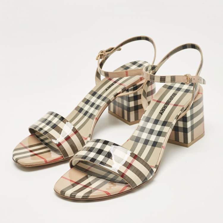 Pre Owned Burberry Beige Cornwall Check Patent Leather Ankle Strap Sandals Size 41