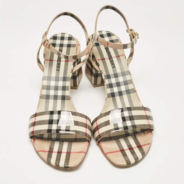 Pre Owned Burberry Beige Cornwall Check Patent Leather Ankle Strap Sandals Size 41