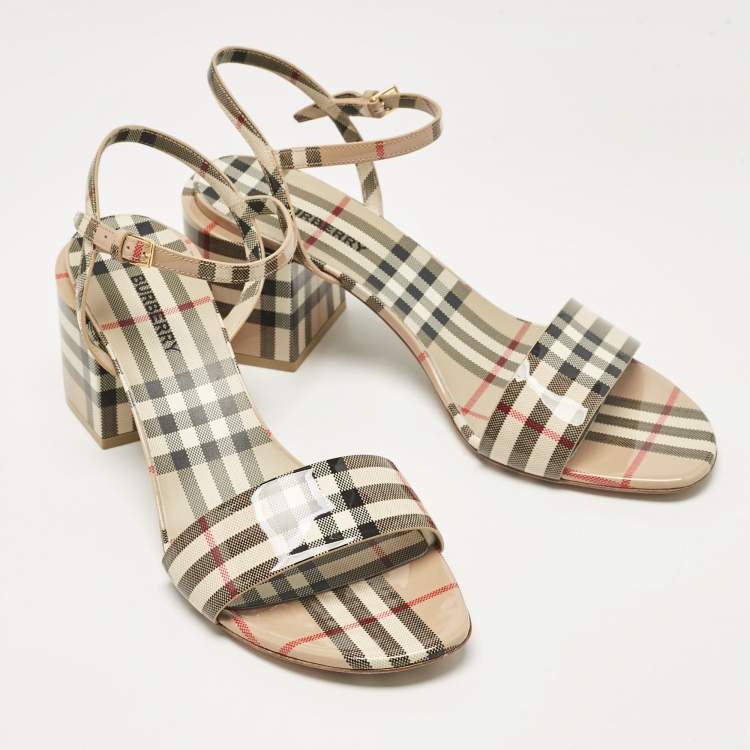 Pre Owned Burberry Beige Cornwall Check Patent Leather Ankle Strap Sandals Size 41