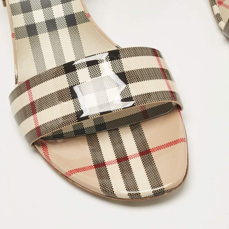 Pre Owned Burberry Beige Cornwall Check Patent Leather Ankle Strap Sandals Size 41