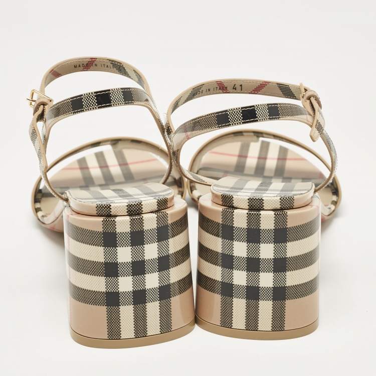 Pre Owned Burberry Beige Cornwall Check Patent Leather Ankle Strap Sandals Size 41