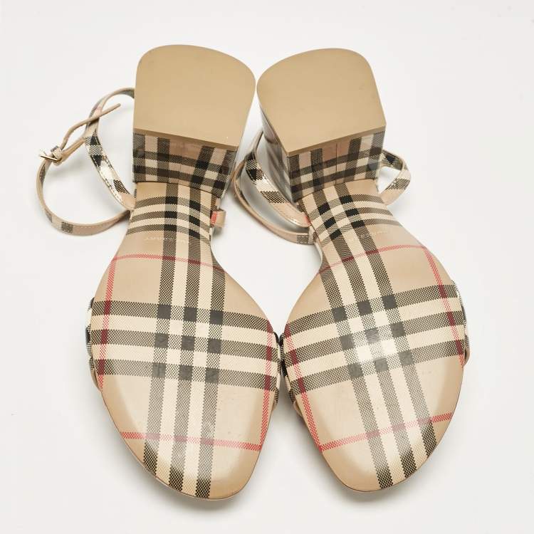 Pre Owned Burberry Beige Cornwall Check Patent Leather Ankle Strap Sandals Size 41