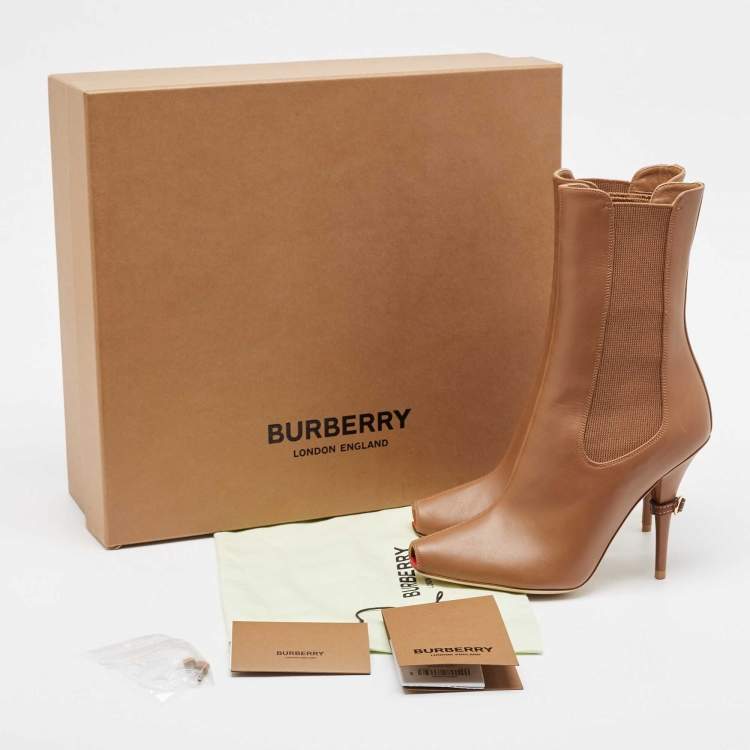 Pre Owned Burberry Brown Leather Peep Toe Ankle Length Boots Size 38