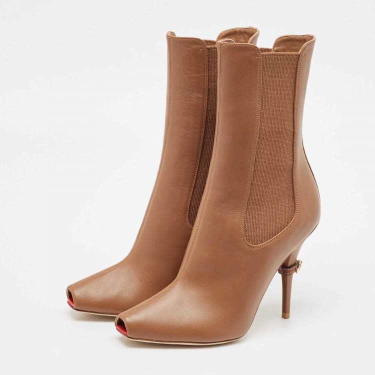 Pre Owned Burberry Brown Leather Peep Toe Ankle Length Boots Size 38