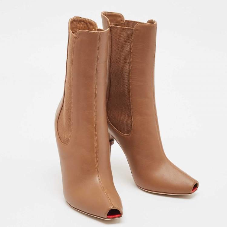 Pre Owned Burberry Brown Leather Peep Toe Ankle Length Boots Size 38