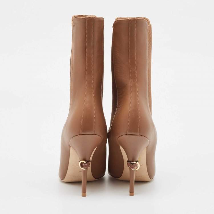 Pre Owned Burberry Brown Leather Peep Toe Ankle Length Boots Size 38