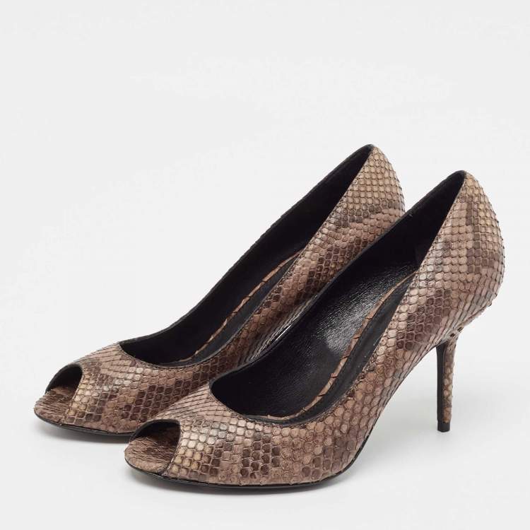 Pre Owned Burberry Brown Python Leather Peep Toe Pumps Size 37.5