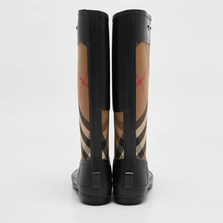 Pre Owned Burberry Beige/Black House Check Canvas and Rubber Clemence Rain Boots Size 37