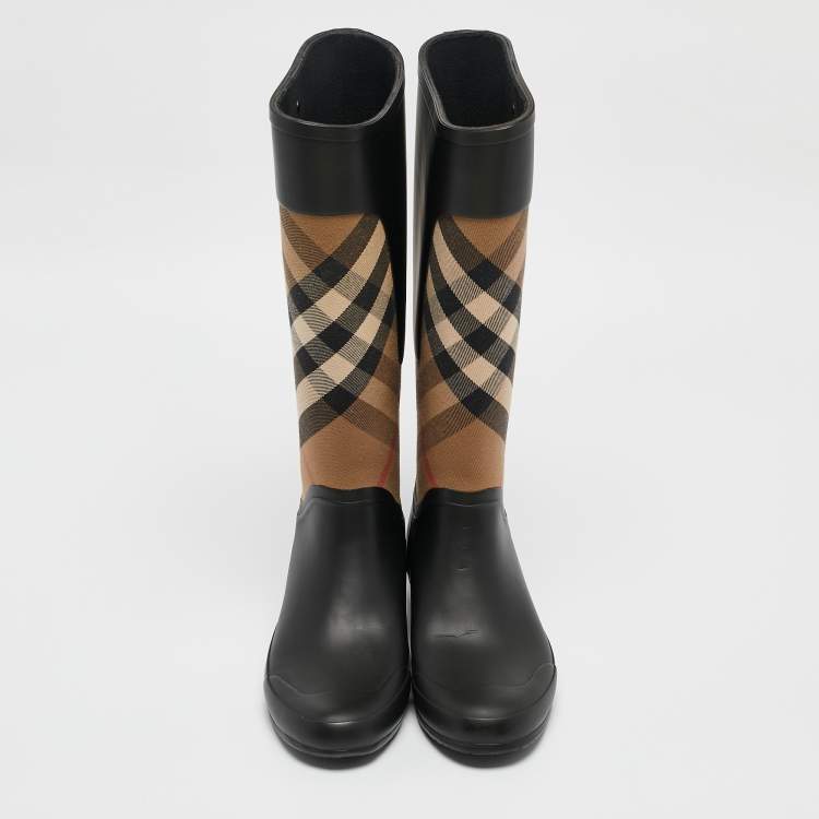 Pre Owned Burberry Beige/Black House Check Canvas and Rubber Clemence Rain Boots Size 37