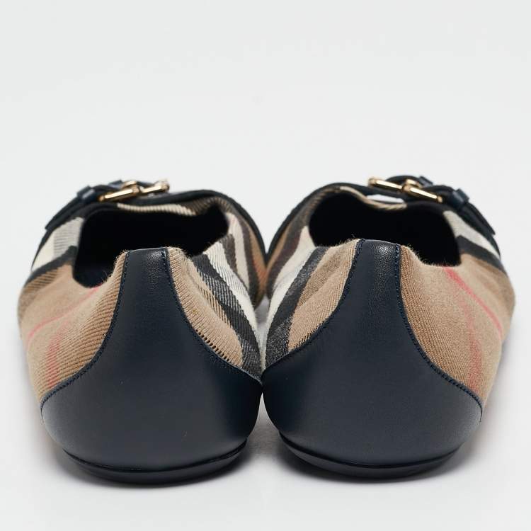 Pre Owned Burberry Brown/Blue Nova Check Canvas and Leather Buckle Detail Ballet Flats Size 37.5