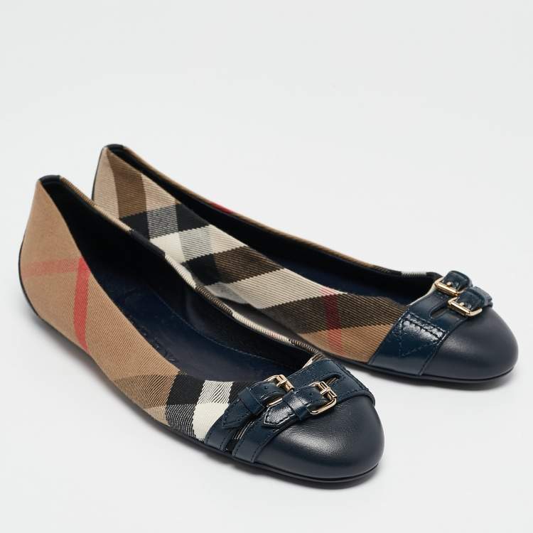 Pre Owned Burberry Brown/Blue Nova Check Canvas and Leather Buckle Detail Ballet Flats Size 37.5