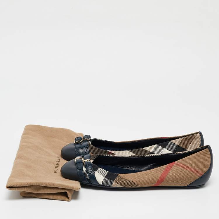Pre Owned Burberry Brown/Blue Nova Check Canvas and Leather Buckle Detail Ballet Flats Size 37.5
