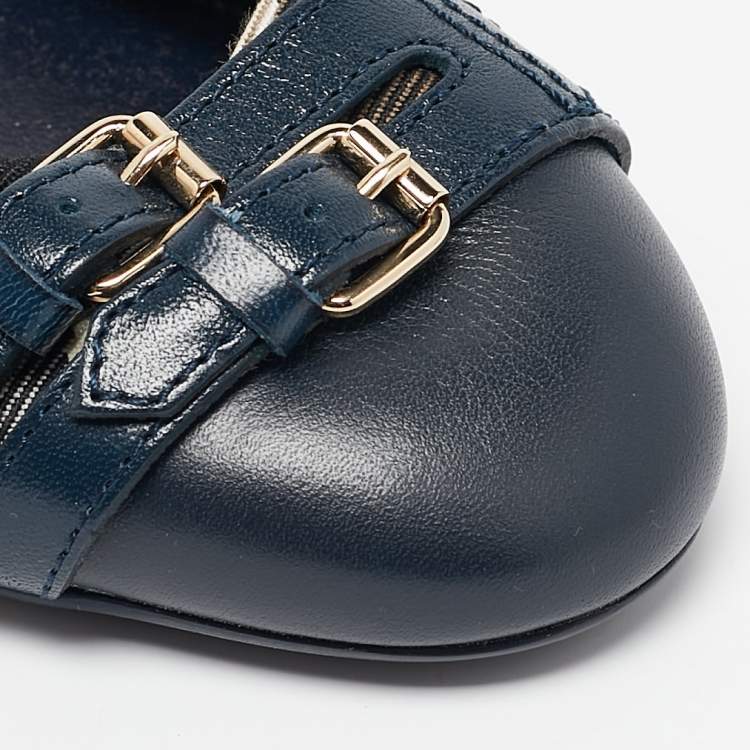 Pre Owned Burberry Brown/Blue Nova Check Canvas and Leather Buckle Detail Ballet Flats Size 37.5